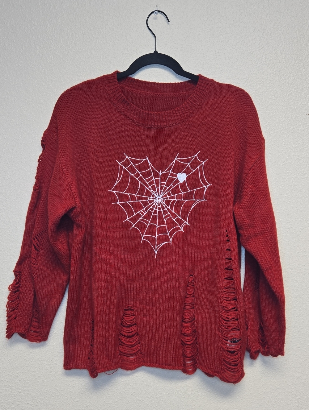 SHEIN Heart Spiderweb Deconstructed Red Sweater
